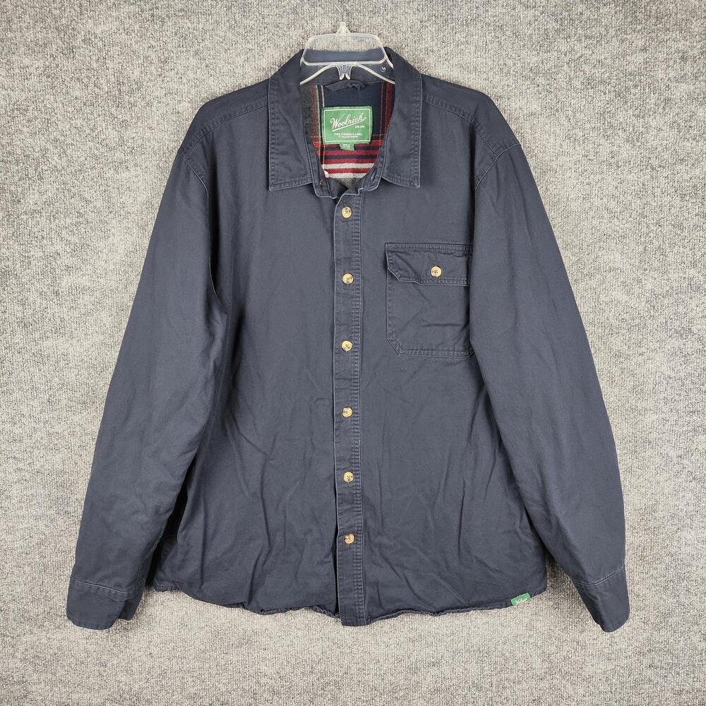 Woolrich Jacket Mens XL Blue Canvas Button Front Flannel Lined Green Label